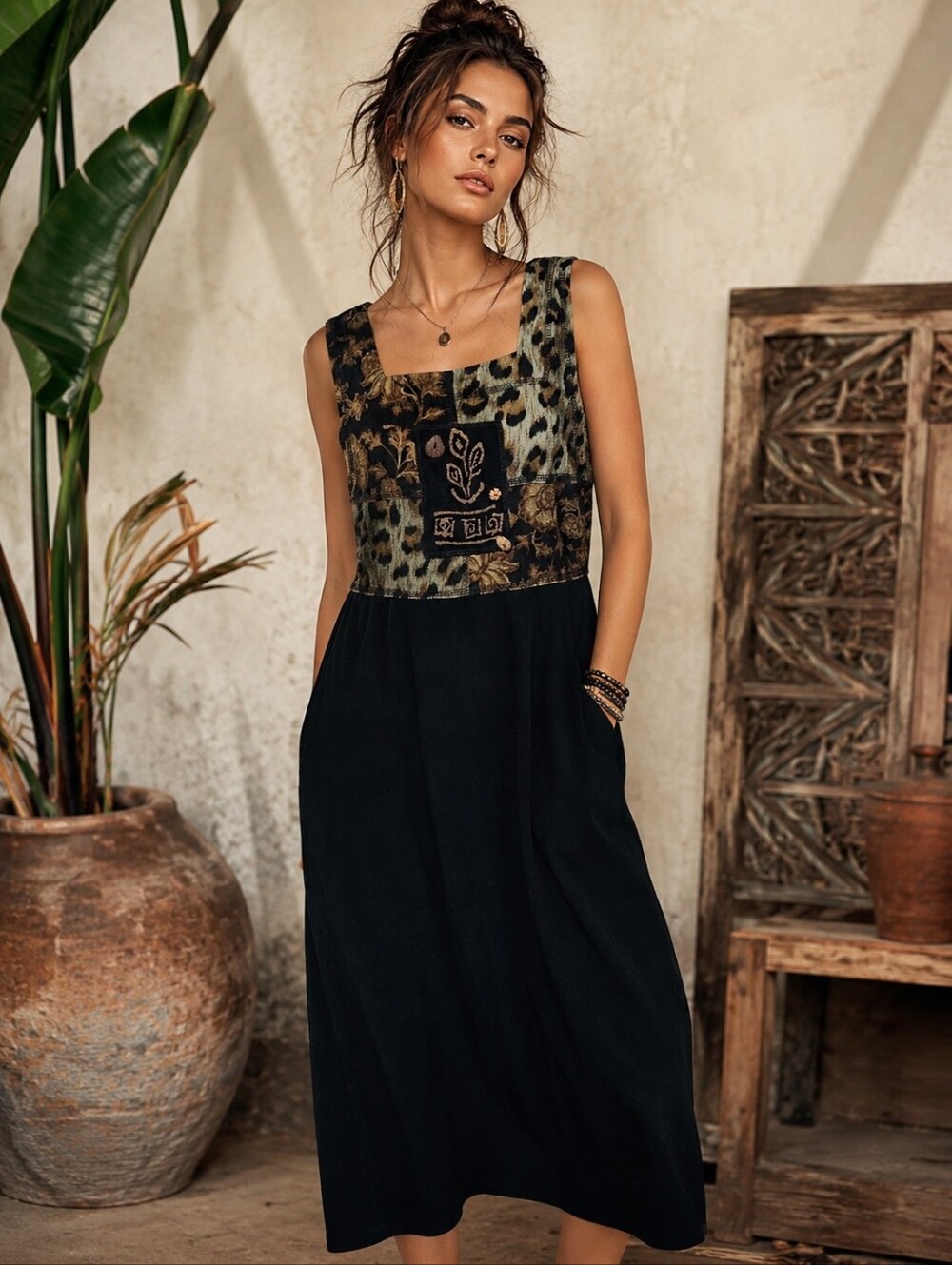NINA PICCALINO Vintage Jumper Maxi Dress Womens Size 8 Black Leopard Artsy Retro
